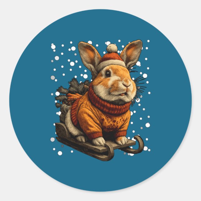 Cute Christmas Rabbit Sledding In Snow Funny Winte Runder Aufkleber (Vorderseite)
