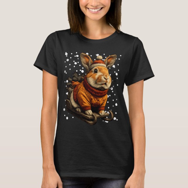 Cute Christmas Rabbit Sledding In Snow Funny Winte T-Shirt (Vorderseite)