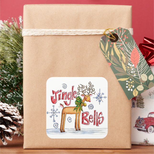 Cute Christmas Reindeer, Jingle Bells Snowflakes Quadratischer Aufkleber (Feiertag)