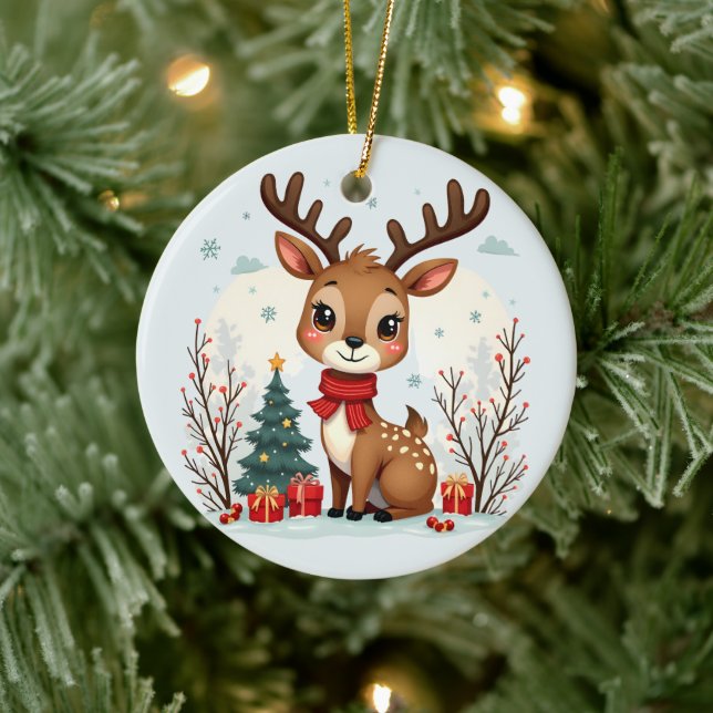 Cute Christmas Reindeer Scene Snowy Forest Keramik Ornament (Baum)