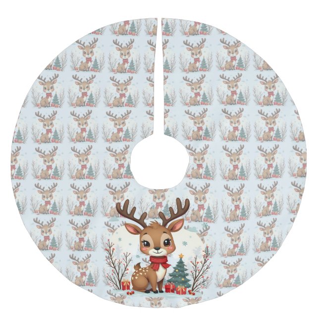 Cute Christmas Reindeer Scene Snowy Forest Polyester Weihnachtsbaumdecke (Vorderseite)
