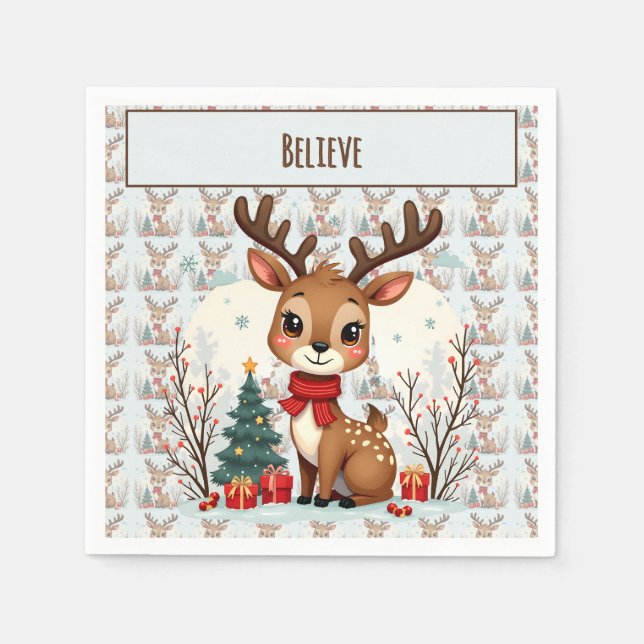 Cute Christmas Reindeer Scene Snowy Forest Serviette (Vorderseite)