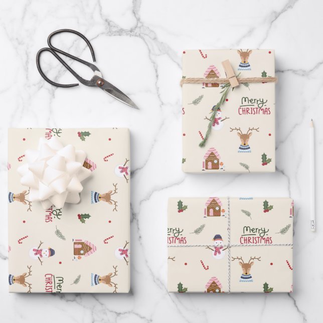 Cute Christmas Reindeer Snowman Pattern Whimsical  Geschenkpapier Set (Vorderseite)