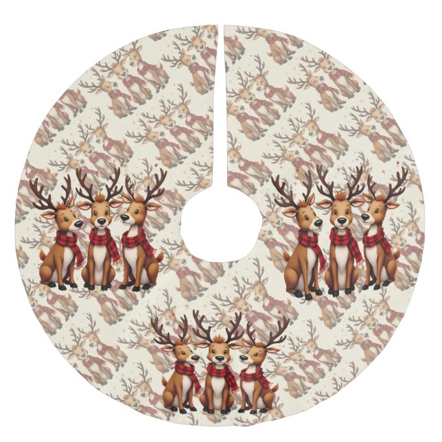 Cute Christmas Reindeer Trio with Plaid Scarves Polyester Weihnachtsbaumdecke (Vorderseite)
