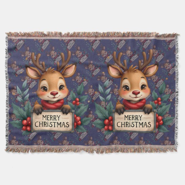 Cute Christmas Reindeer with Holly and Sign Decke (Vorderseite)