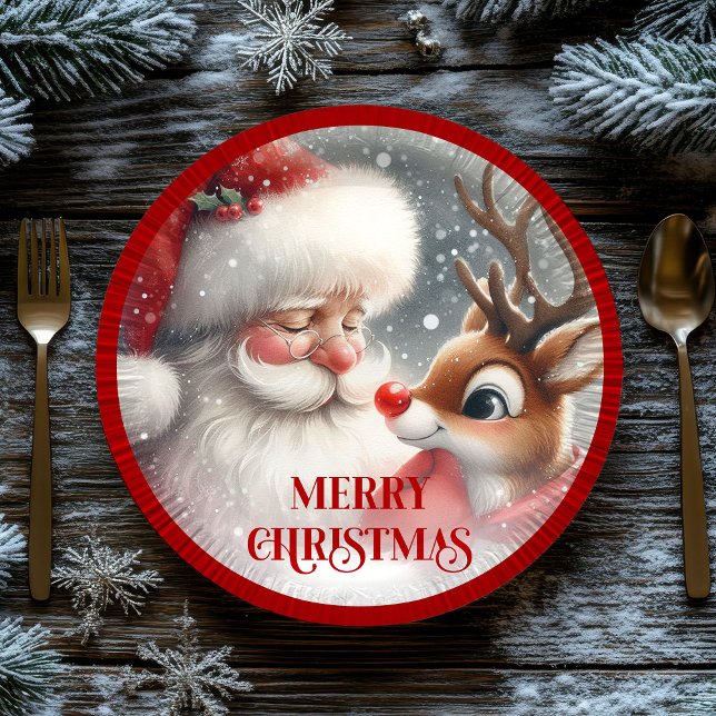 Cute Christmas Santa and Rudolph Paper Plates Pappteller (Cute Christmas Santa and Rudolph Paper Plates)