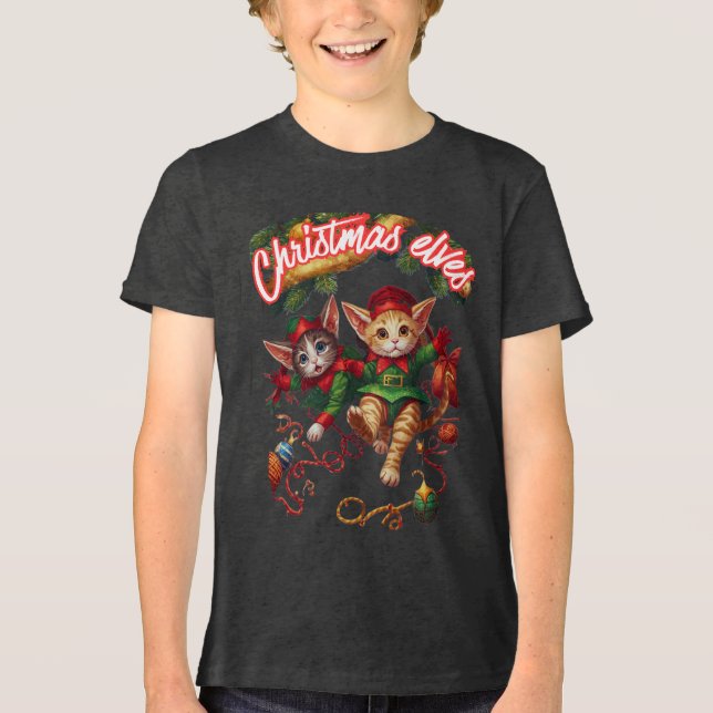 Cute Christmas Santa Elf Cats–Perfect Holiday Gift Tri-Blend Shirt (Vorderseite)