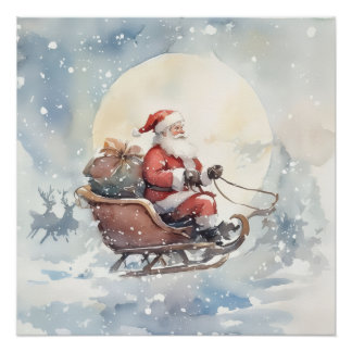 Cute Christmas santa sleigh cozy Holiday Wall Art Poster