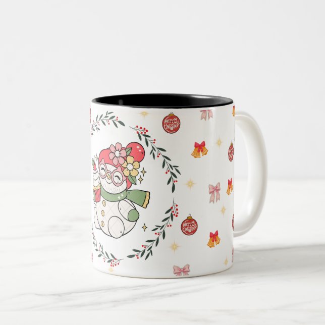 Cute Christmas Snowman Mug with Wreath  Zweifarbige Tasse (VorderseiteRechts)