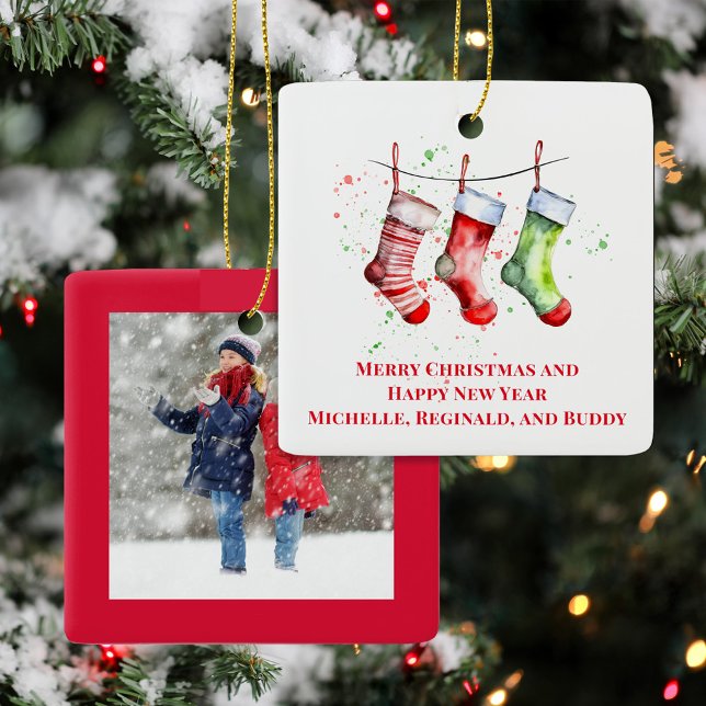 Cute Christmas Stocking Custom Photo  Keramikornament (Christmas Photo Custom Cute Holiday Stocking Ornament.)