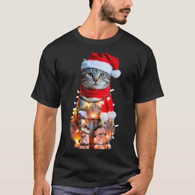 Cute Christmas Tabby Cat In Lights Santa Hat For K T-Shirt (Vorderseite)