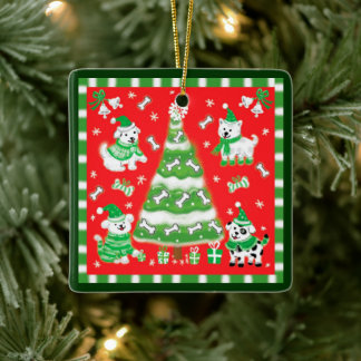 Cute Christmas Tree and Puppy Dogs with Bones Keramikornament