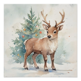 Cute Christmas tree reindeer cozy Holiday Wall Art Poster