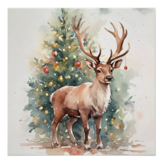 Cute Christmas tree reindeer cozy Holiday Wall Art Poster