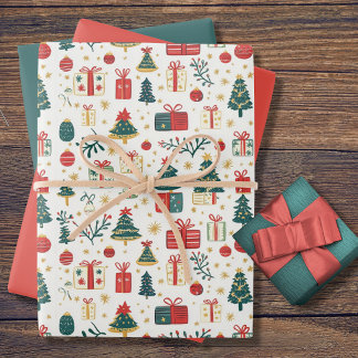Cute Christmas Trees Presents Retro Pattern Geschenkpapier Set