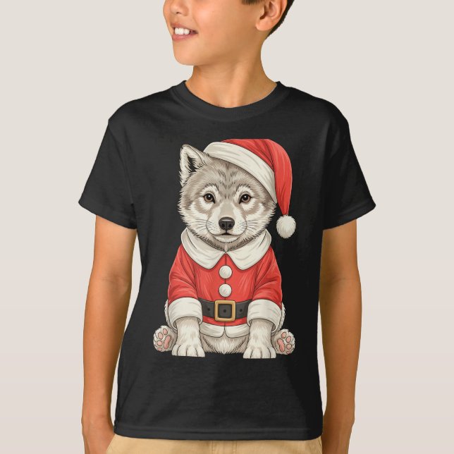 Cute Christmas Wolf Santa  T-Shirt (Vorderseite)