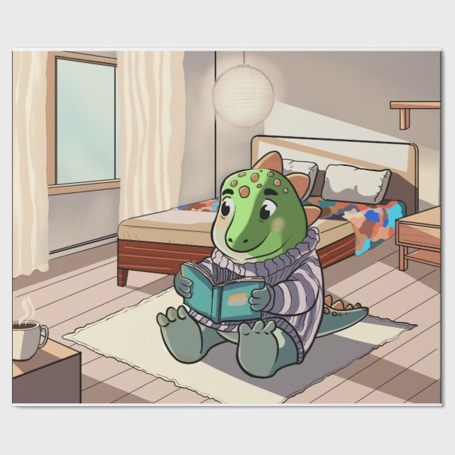 Cute Chubby Cartoon Dinosaur Reading Book Geschenkpapier (Flach)