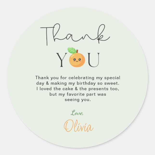 Cute Citrus Orange 1st Birthday Thank You Gift Runder Aufkleber (Vorderseite)
