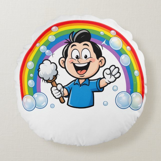 Cute Cleaning Mascot Rainbow Cartoon Design Art Rundes Kissen (Vorderseite)