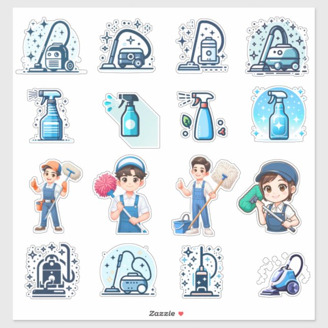 Cute Cleaning Service Icons & Characters - Vector Aufkleber (Blatt)