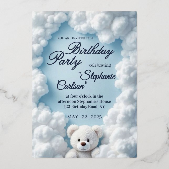 Cute Cloud & Teddy Bear Birthday Invitation Folieneinladung (Vorderseite)