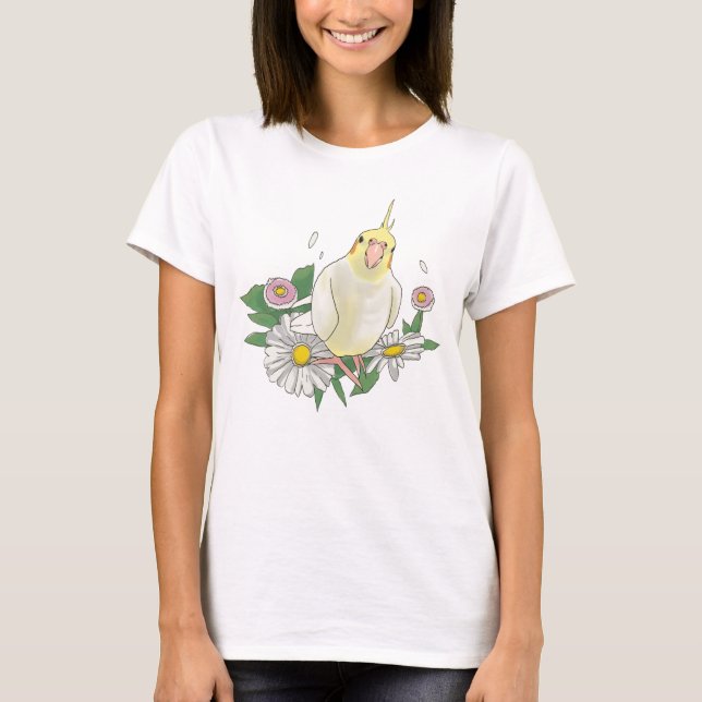 Cute Cockatiel Floral Illustration T-Shirt (Vorderseite)