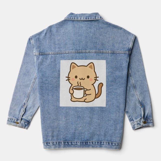Cute Coffee Cat Kawaii Cozy Aesthetic Design Jeansjacke (Rückseite)