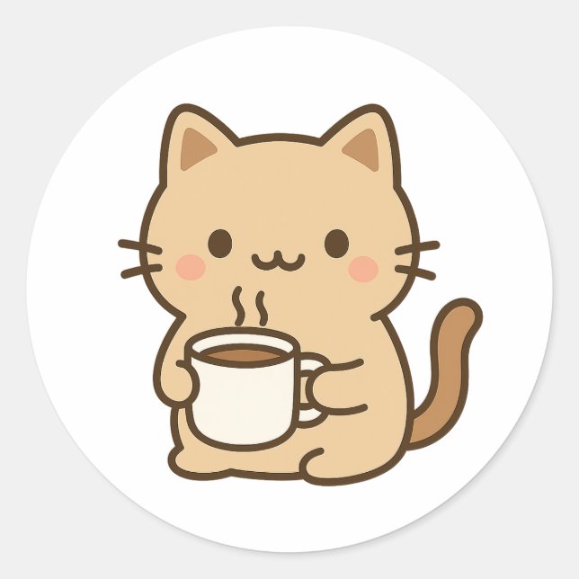 Cute Coffee Cat Kawaii Cozy Aesthetic Design Runder Aufkleber (Vorderseite)