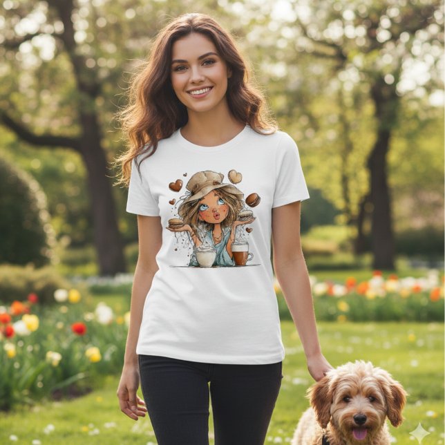 Cute Coffee Girl & Macarons – Whimsical Aesthetic  T-Shirt (Von Creator hochgeladen)