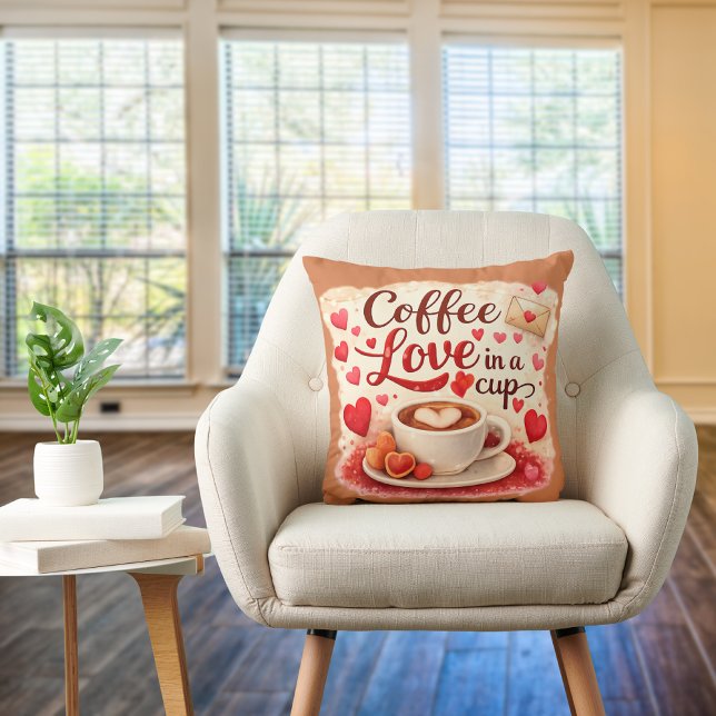Cute Coffee Love in a Cup Valentine Quote Brown Kissen (16x16 square pillow. Great for gift for the coffee lover.)