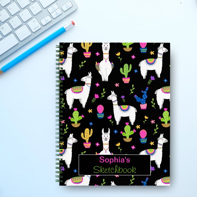 Cute Colorful Alpaca Cactus Custom Name Black Notizbuch (Von Creator hochgeladen)