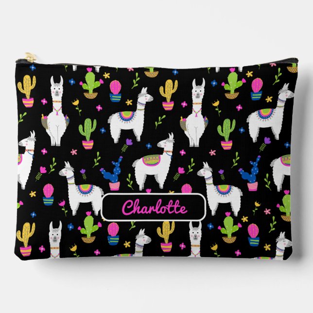 Cute Colorful Alpaca Cactus Custom Name Black Zubehörtasche (Vorderseite)