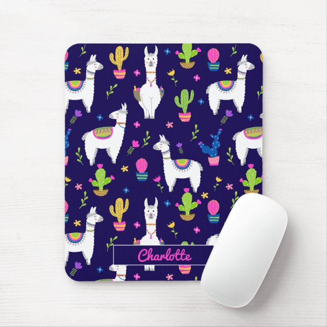Cute Colorful Alpaca Cactus Custom Name Dark Blue Mousepad (Mit Mouse)