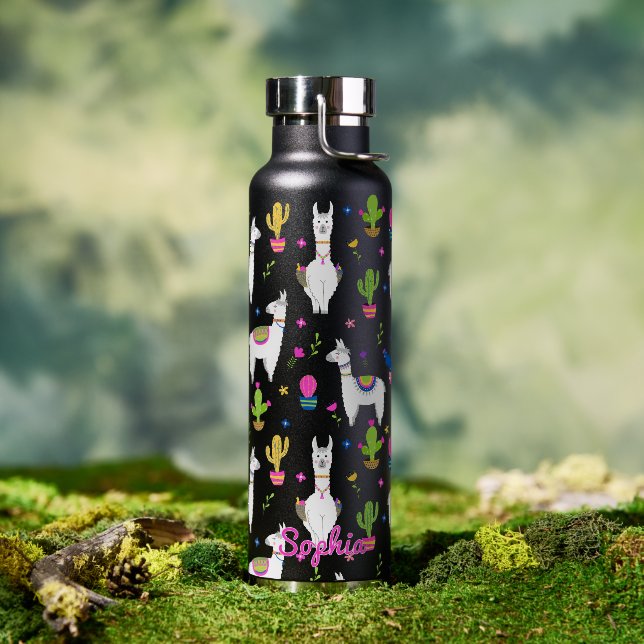 Cute Colorful Alpaca Cactus Personalized Name Trinkflasche (Außenbereich (gedreht))