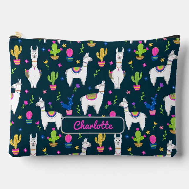 Cute Colorful Alpaca Cactus Personalized Name  Zubehörtasche (Vorderseite)