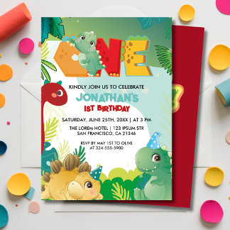 Cute Colorful Dinosaur Boys First Birthday  Einladung