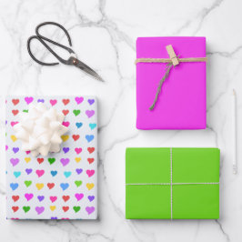 Cute Colorful Flirty Hearts, Bright Pink and Green Geschenkpapier Set