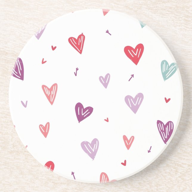 Cute Colorful Hand-Drawn Hearts Sandstone Coaster Getränkeuntersetzer (Vorne)