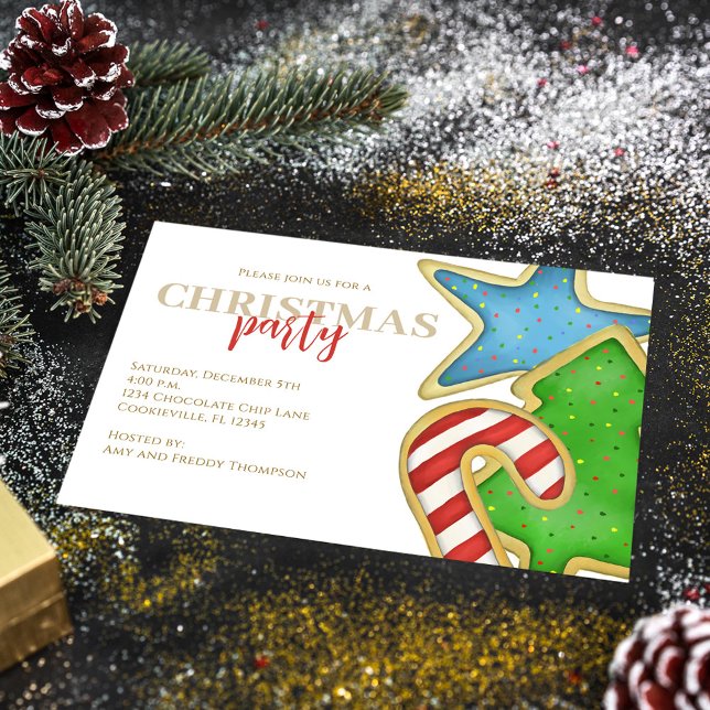 Cute Colorful Holiday Cookies Christmas Party Einladung (Christmas whimsical colorful cookie cutout invitation with watercolor cute cookies. )
