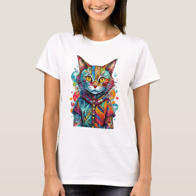 Cute Colorful Kitty Cat Abstract Art Design T-Shirt (Vorderseite)