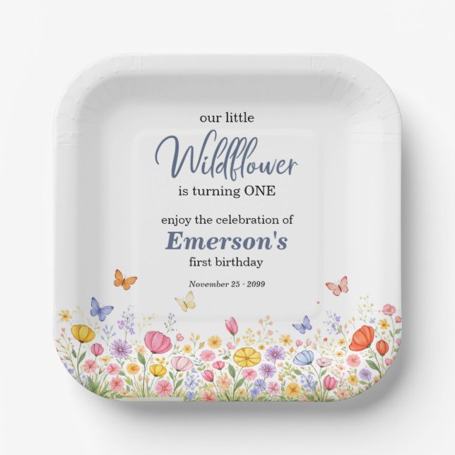 Cute Colorful Little Wildflower 1st Birthday Party Pappteller (Vorderseite)