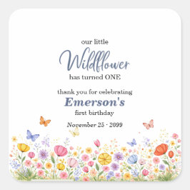 Cute Colorful Little Wildflower 1st Birthday Party Quadratischer Aufkleber