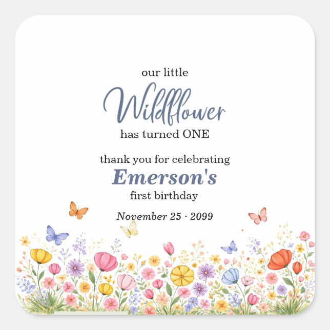 Cute Colorful Little Wildflower 1st Birthday Party Quadratischer Aufkleber (Vorderseite)