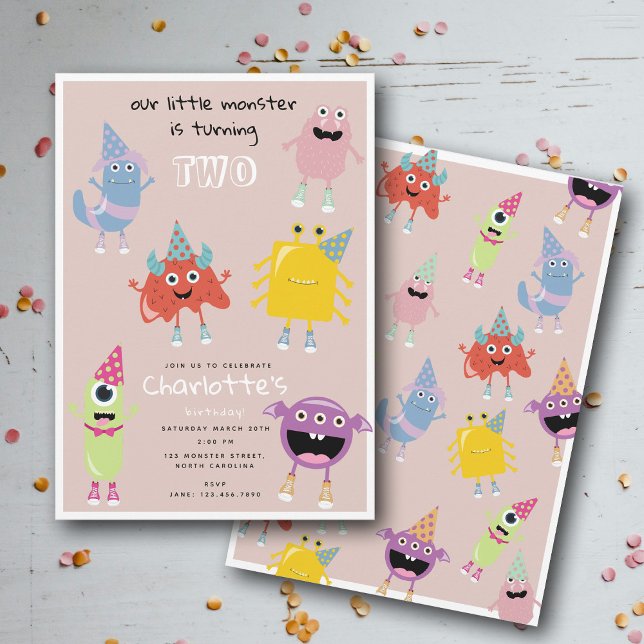Cute Colorful Monsters Pink Girls Birthday Party Einladung (Cute Colorful Monsters Pink Girls Birthday Party Invitation)