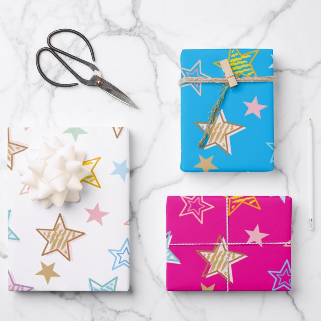 Cute Colorful Pastel Stars Pattern Geschenkpapier Set (Vorderseite)