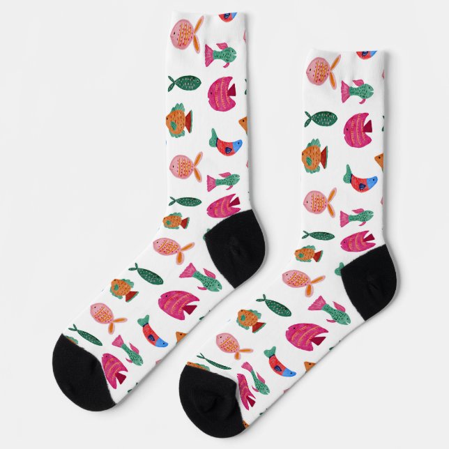 Cute Colorful Tiny Fish Drawing Seamless Pattern Socken (Linkes Detail)