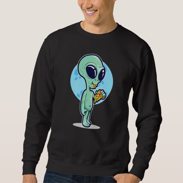 Cute Conspiracy Theory UFO Alien Eating Pizza Sweatshirt (Vorderseite)