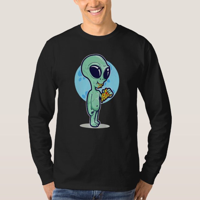 Cute Conspiracy Theory UFO Alien Eating Pizza T-Shirt (Vorderseite)