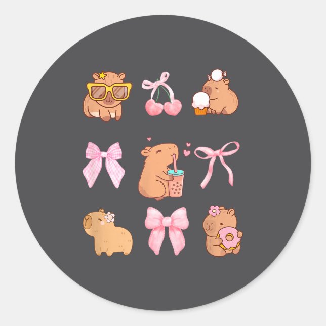 Cute Coquette Bow Capybara Pajamas Pjs Clothes Gir Runder Aufkleber (Vorderseite)