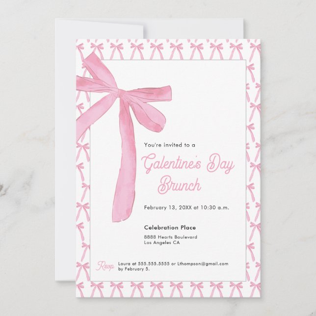Cute Coquette Pink Bow Galentine’s Day Brunch Einladung (Vorderseite)